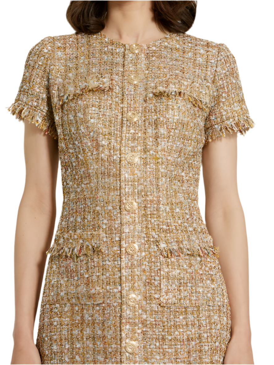 Mac Duggal Boucle Short Sleeve Mini Dress With Pockets