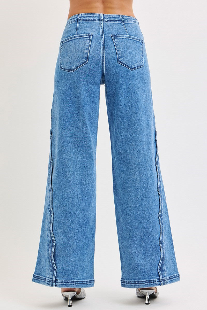 Risen High Rise Wide Leg Jeans With Scalloped Edge Detail