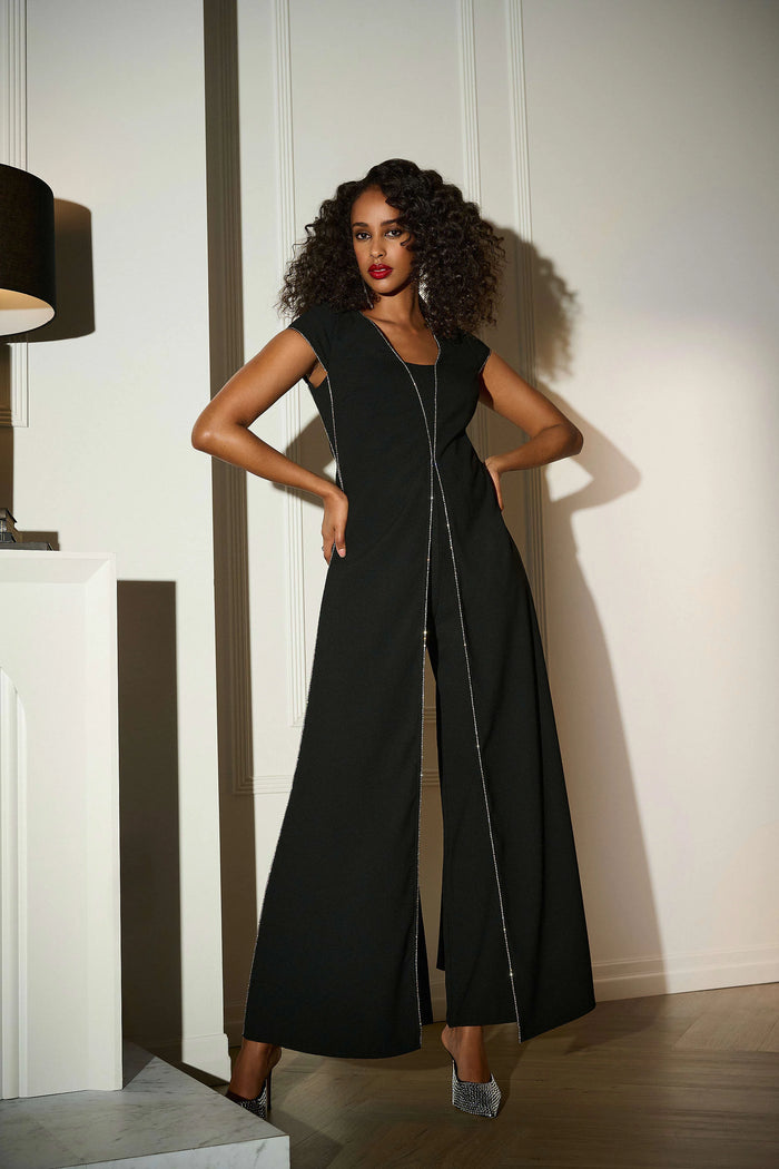 Joesph Ribkoff Signature | Woven Wide Leg Jumpsuit with Rhinestone Detail