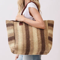 Natural Brown Multi Color Stripe Straw Tote Bag