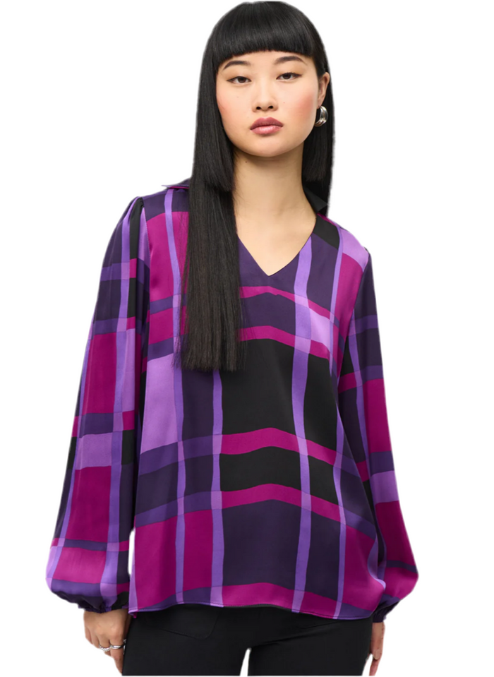 Joseph Ribkoff Purple/Black Abstract Plaid Print Top