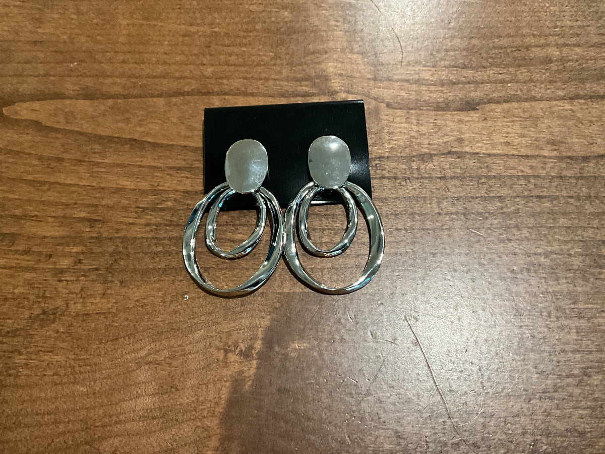 Silver Double Circle Drop Clip Earrings