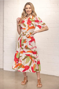 Zip Up Front Self Waist Belt Collared Midi Floral Dress