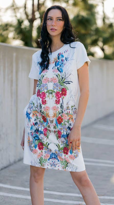 Short Sleeve Suede Dress Floral Print -Spring Bloom