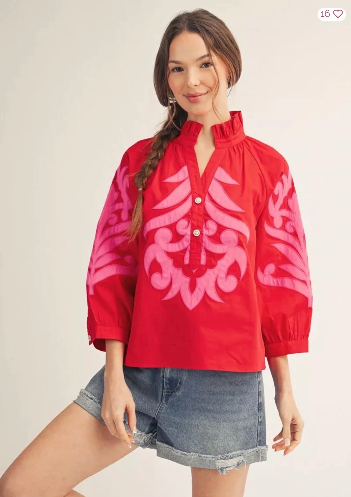 Scarlet Bloom Embroidered Puff Sleeve Top