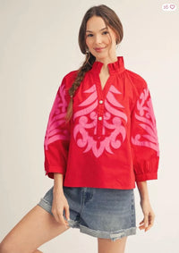 Scarlet Bloom Embroidered Puff Sleeve Top