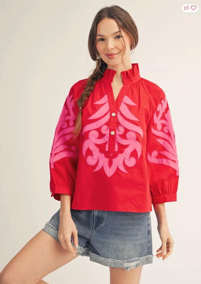 Scarlet Bloom Embroidered Puff Sleeve Top