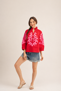 Scarlet Bloom Embroidered Puff Sleeve Top