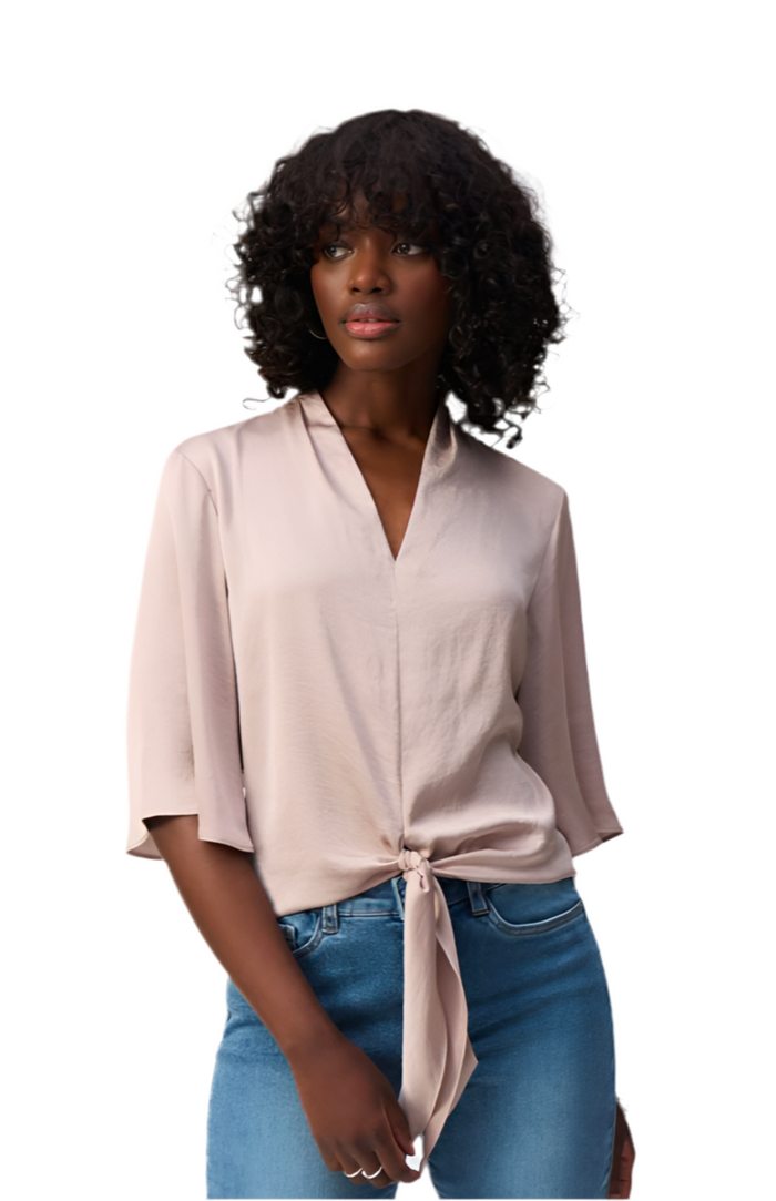 Joseph Ribkoff Parchment Satin V-Neck Top with Front Tie