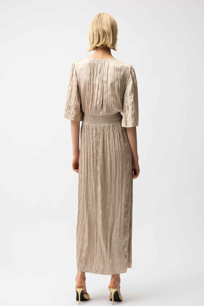 Joesph Ribkoff Satin Fit and Flare Pleated Dress with Knot Waist Detail