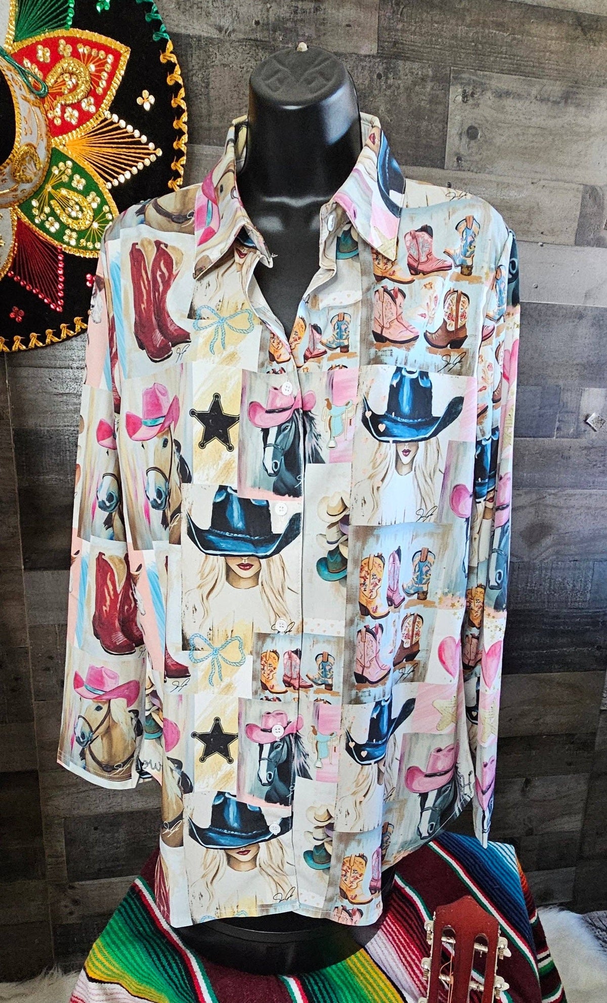 Baha Ranch Danilo Painted Cowgirl Collage Button Up Shirt