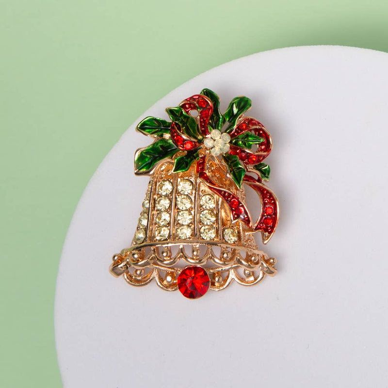 Holiday Bell with Bow and Holly Leaves Crystal Brooch Pin