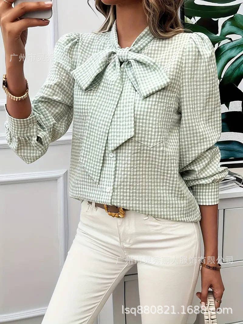 Long Sleeve Loose Fit Plaid Casual Blouse Shirt