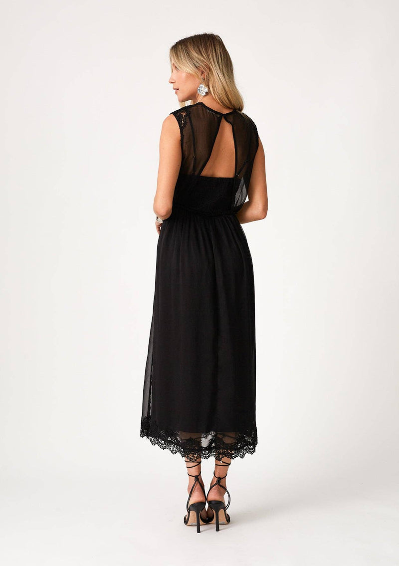 Sleeveless V Neck Lace Trim Midi Dress