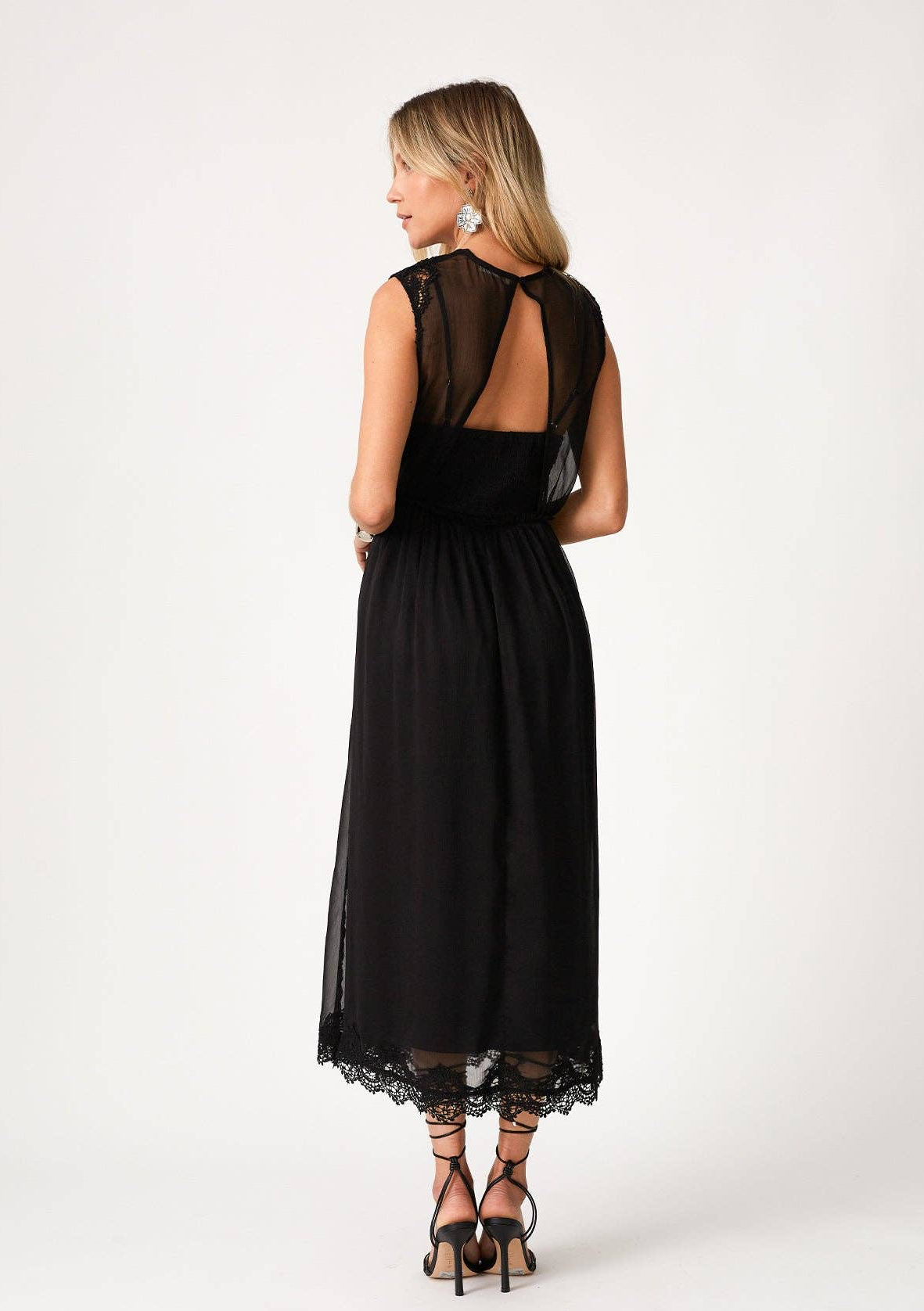 Sleeveless V Neck Lace Trim Midi Dress