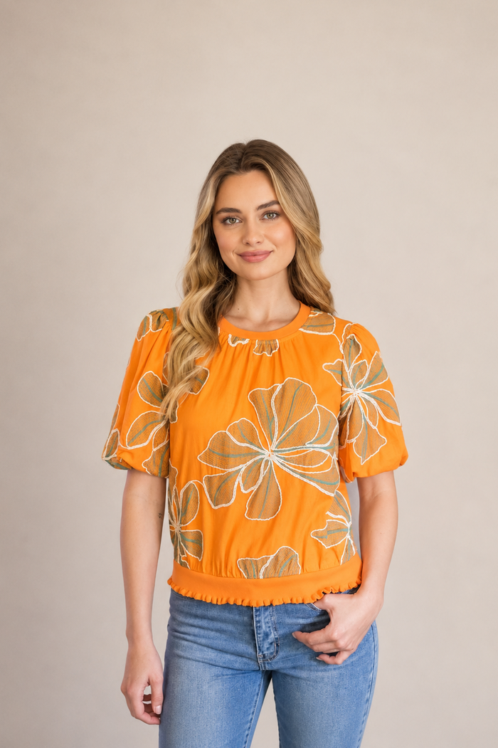 Contrast Band Detailed Floral Embroidery Top