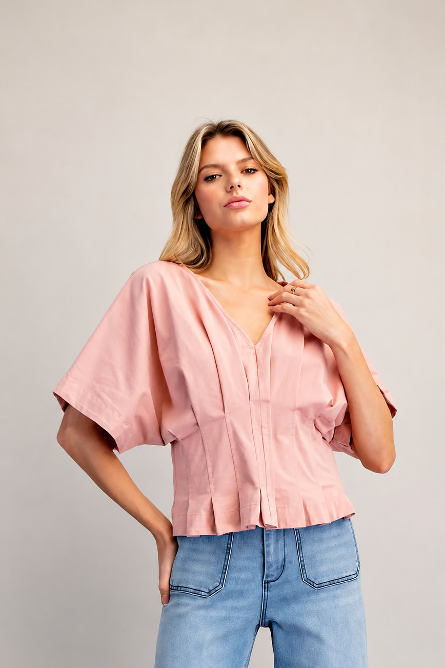 EE:SOME Mineral Washed V-Neck Pleated Top