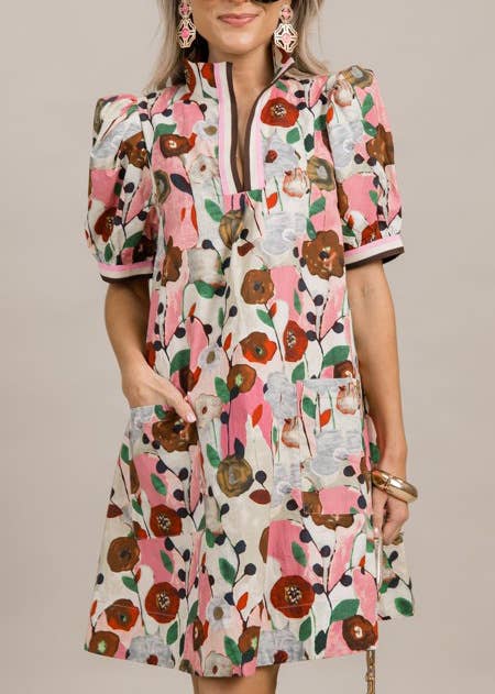 Gardenia Floral Print Puffy Sleeve Dress