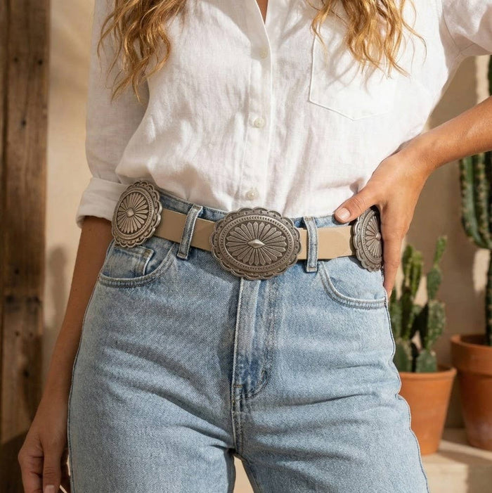 Large Concho Disc Western Vegan Leather Belt