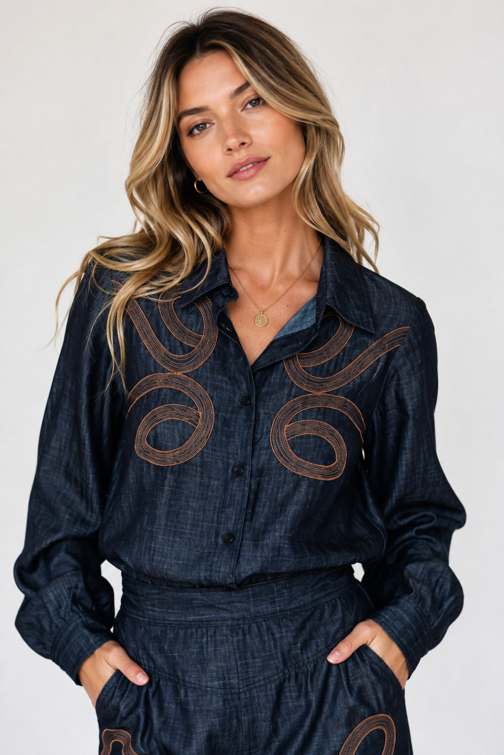 Midnight Mesa Embroidered Button-Up Top