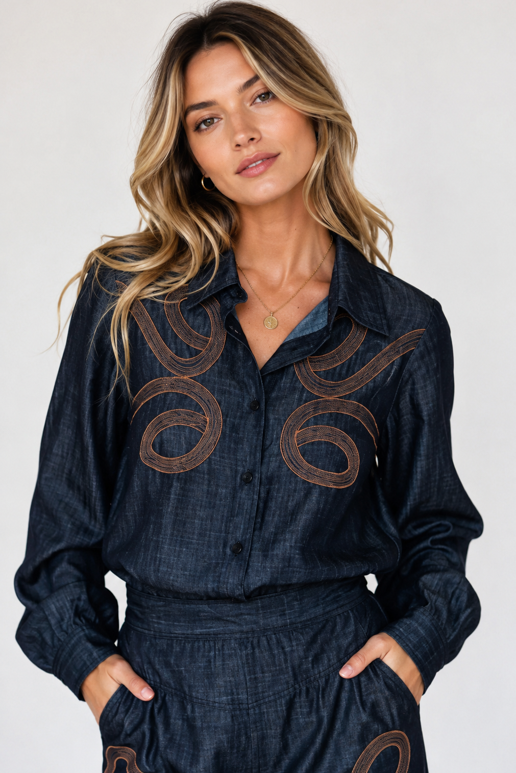 Midnight Mesa Embroidered Button-Up Top