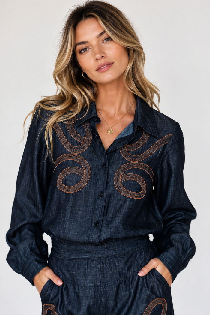 Midnight Mesa Embroidered Button-Up Top