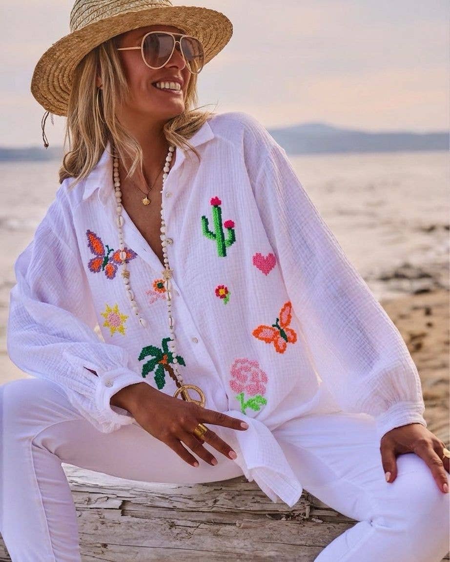 Italian OS White Gauze Cotton Shirt Tropical