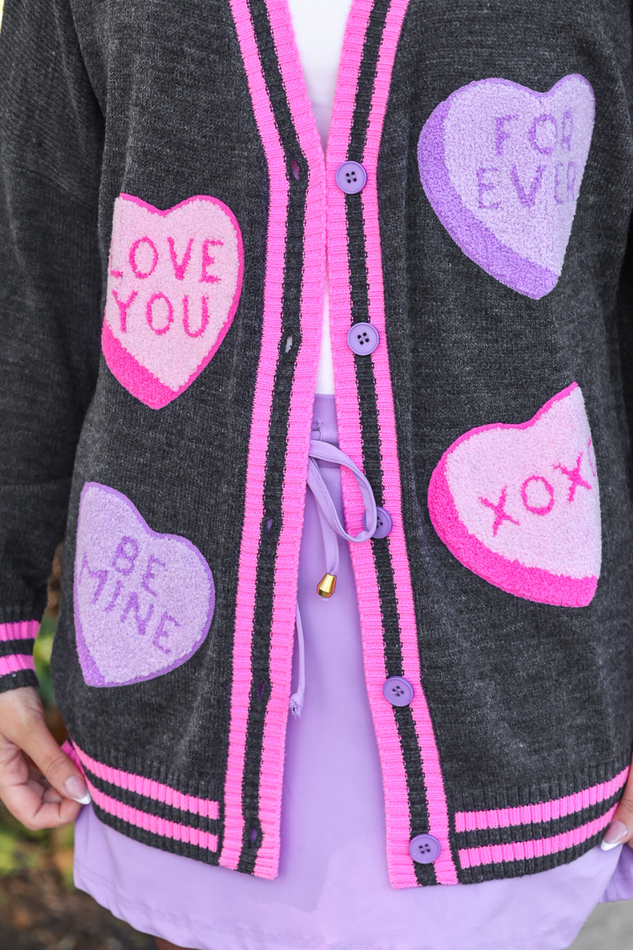 Chenille Patch Candy Hearts Relaxed Cardigan
