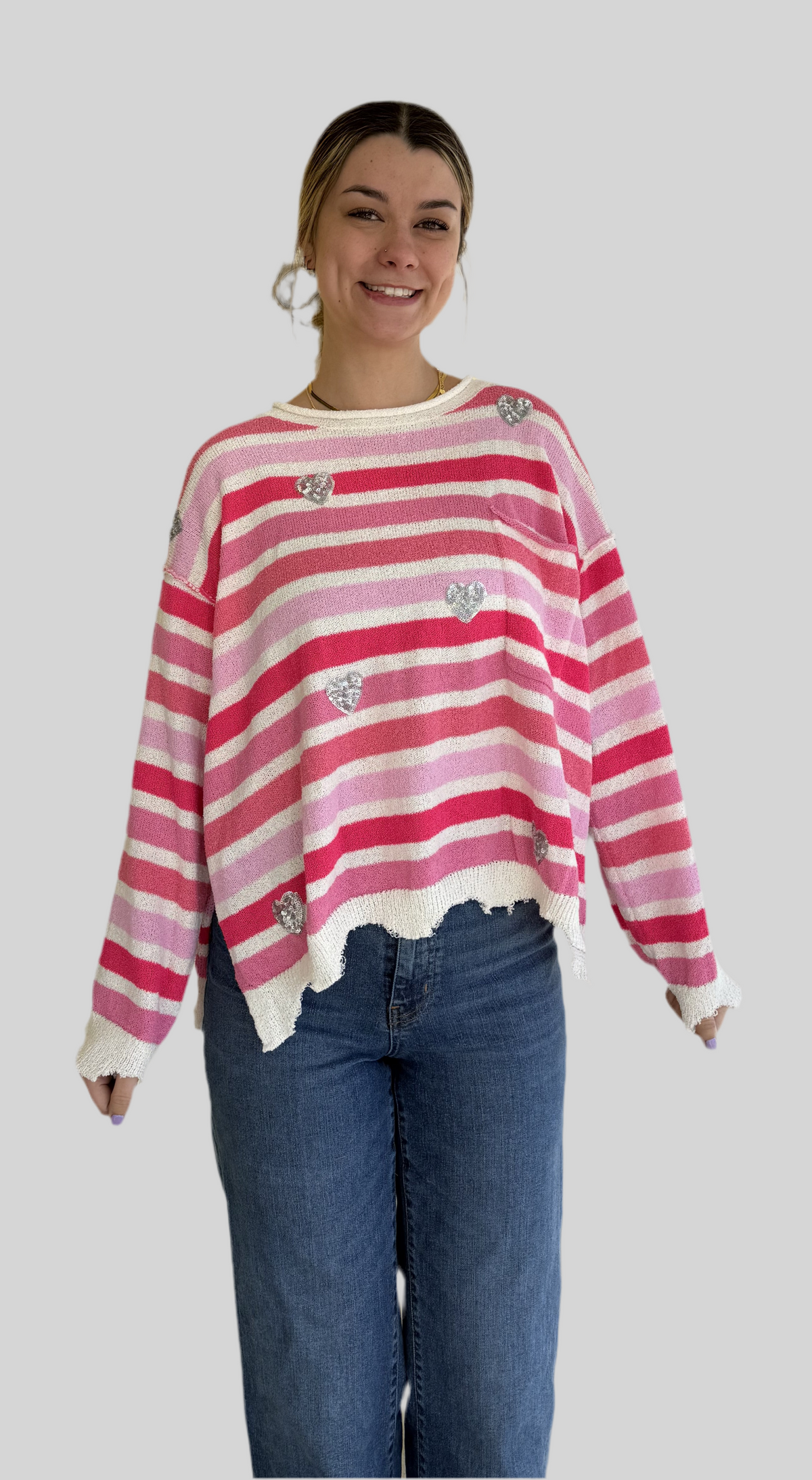 Striped Heart Sequin Sweater