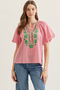 Picnic Bloom Embroidered Gingham Top