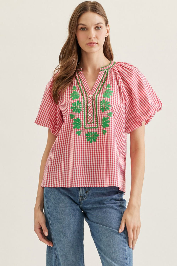 Picnic Bloom Embroidered Gingham Top
