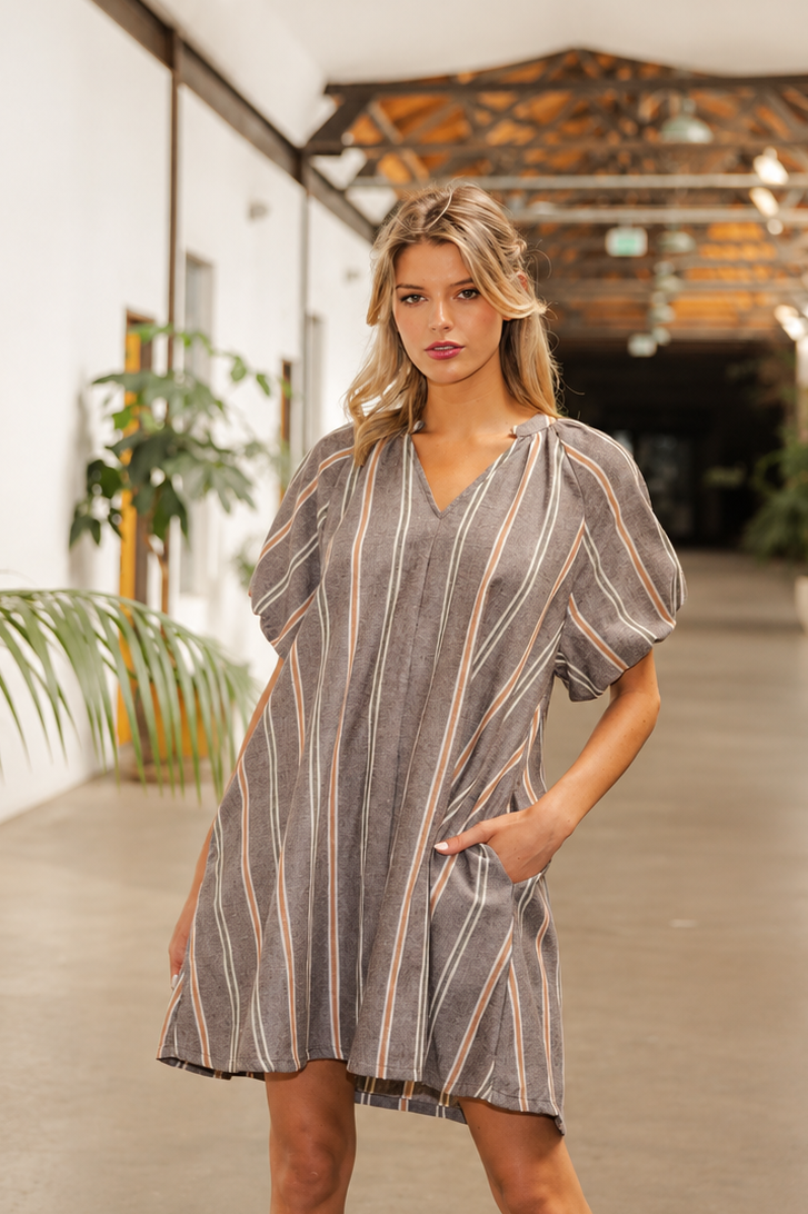 EE:SOME Striped V-Neck Mini Dress
