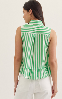 Green Striped Sleeveless with Tie Neck