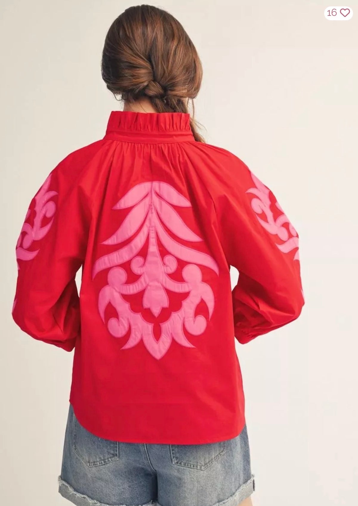 Scarlet Bloom Embroidered Puff Sleeve Top