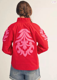 Scarlet Bloom Embroidered Puff Sleeve Top