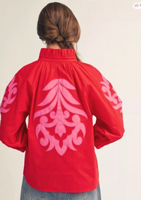 Scarlet Bloom Embroidered Puff Sleeve Top