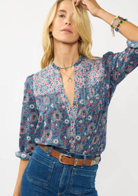 Long Sleeve Floral Blouse with Pleats & Quilted Yoke