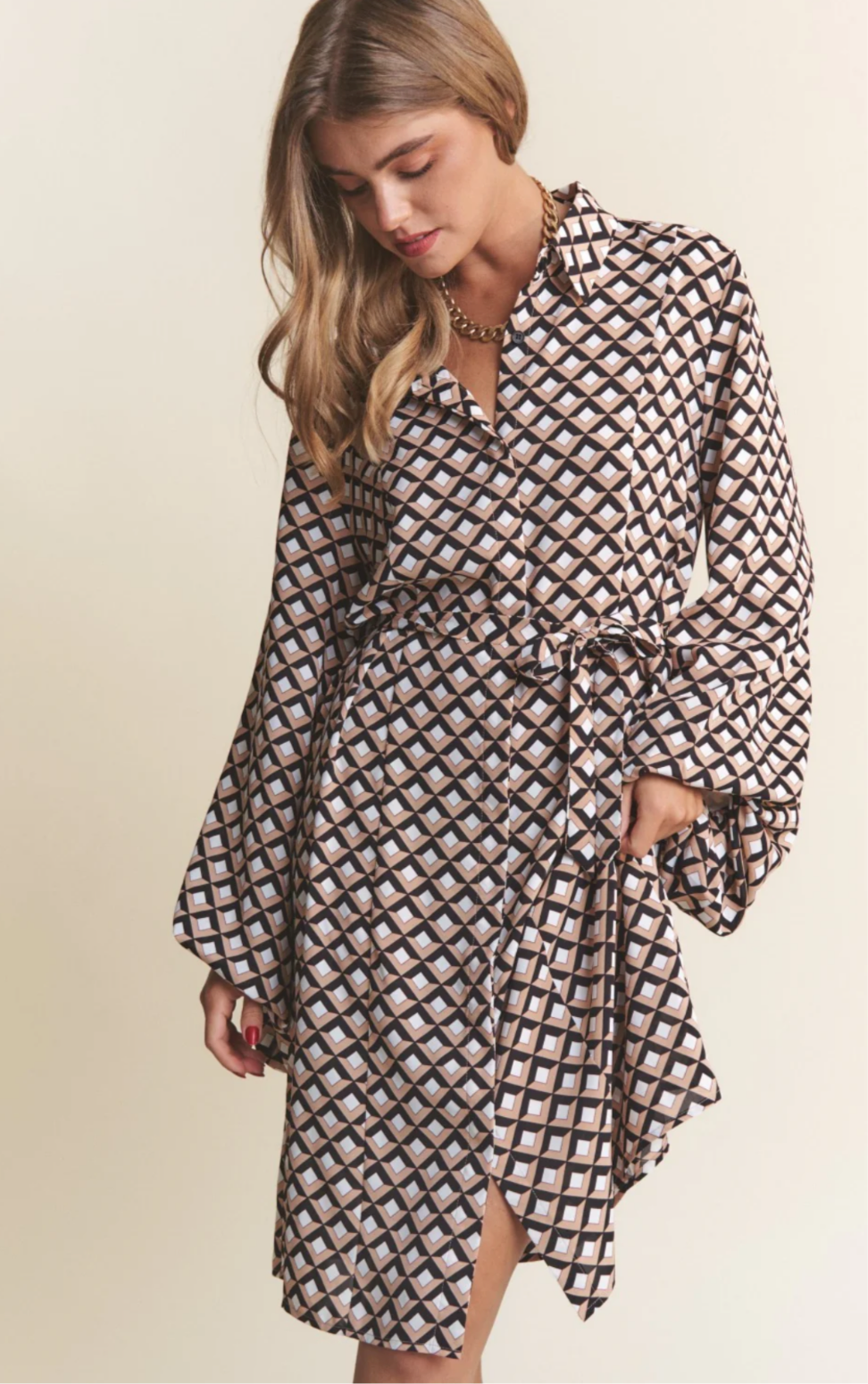 Geometric Balloon Long Sleeve Waist Tie Midi Dress