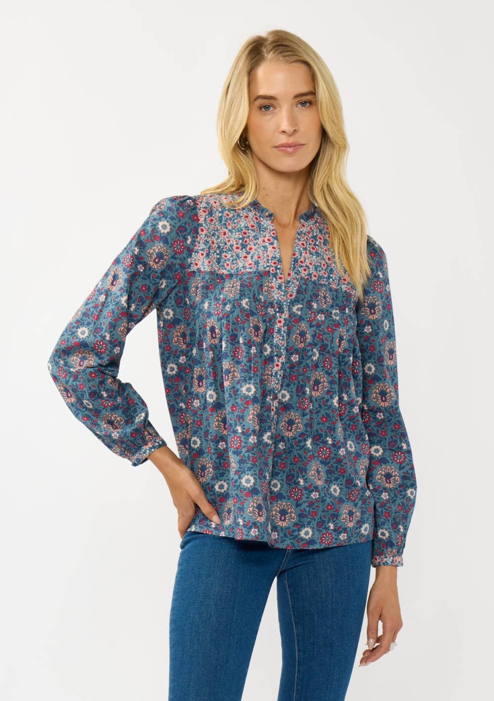Long Sleeve Floral Blouse with Pleats & Quilted Yoke