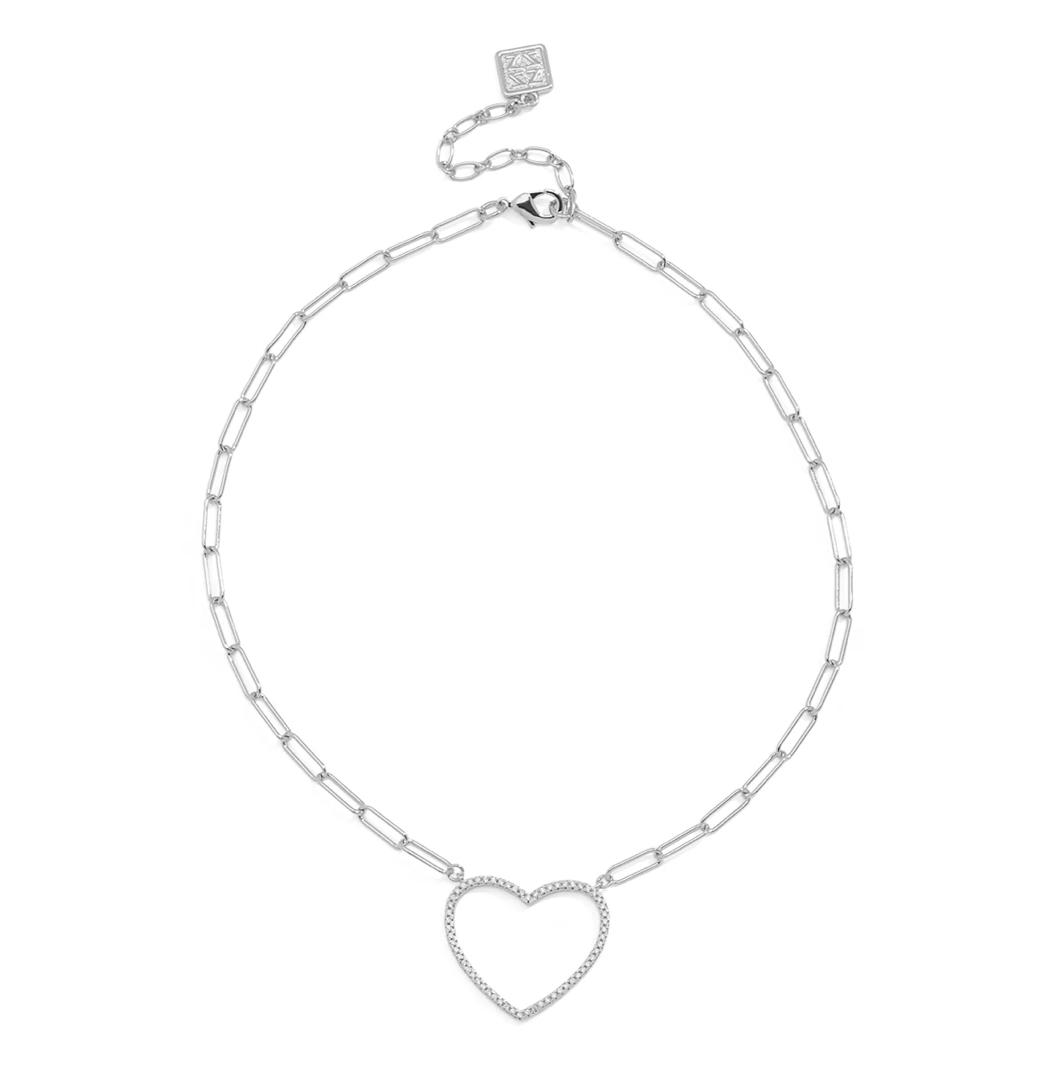 Paperclip Link Collar Necklace With Pavė Heart Charm