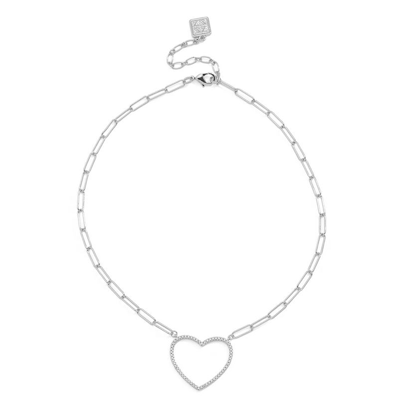 Paperclip Link Collar Necklace With Pavė Heart Charm