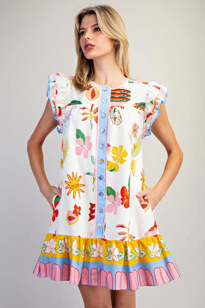 EE:SOME Tropical Printed Button Down Dress