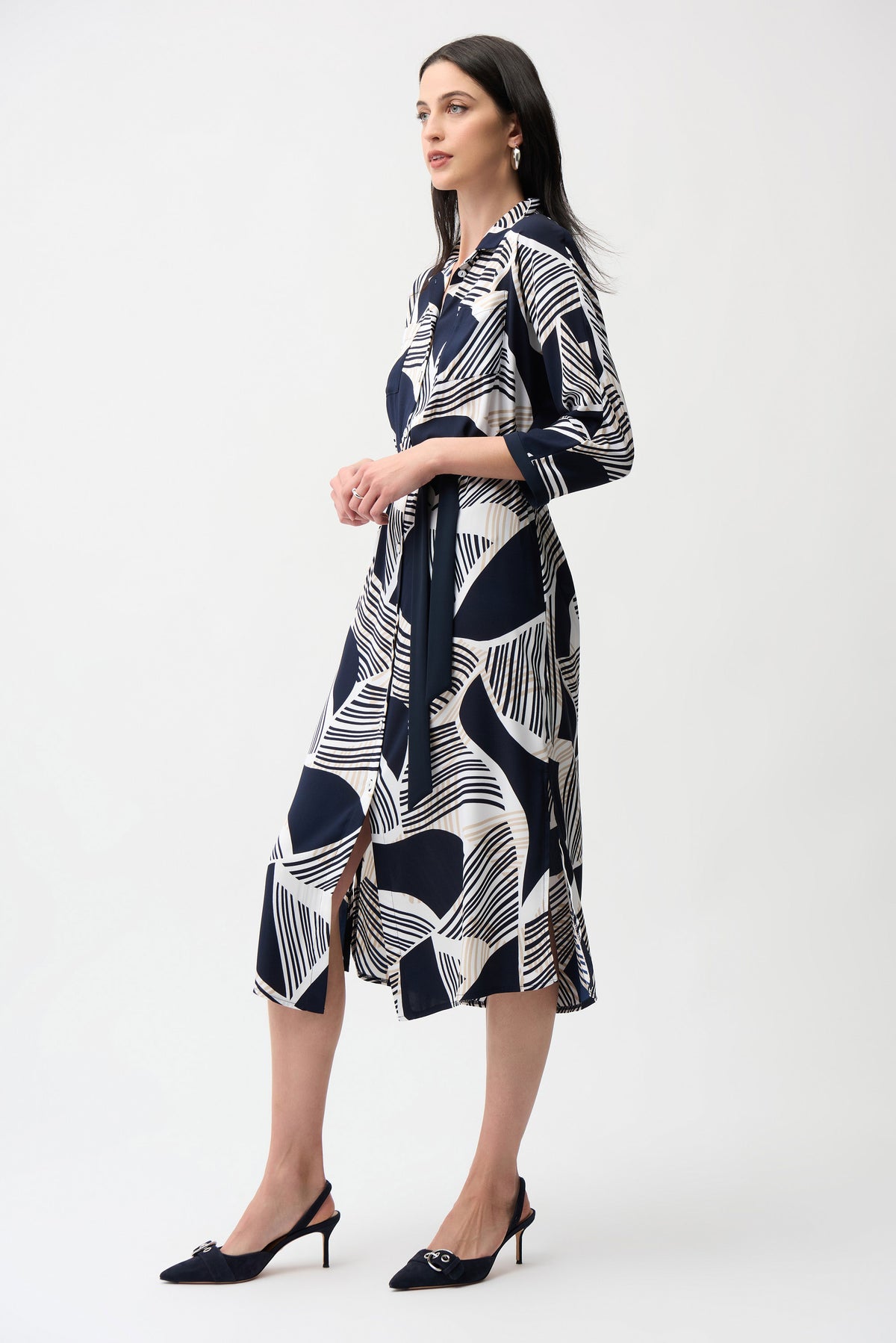 Joseph Ribkoff Satin Back Crepe Geometric Print Shirt Dress With Sash