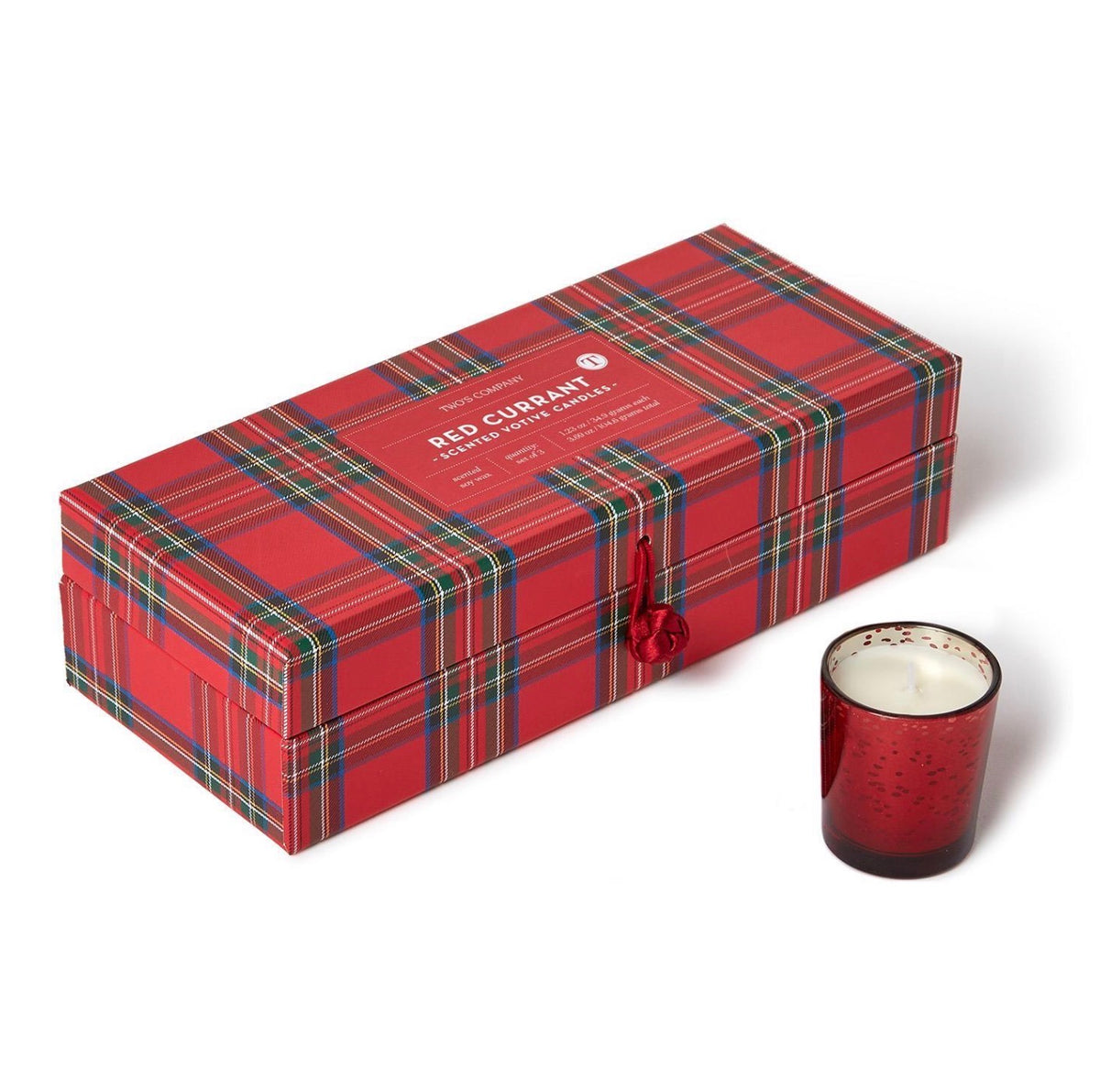 Set of 3 Red Currant Scented Mercury Glass Candles in Tartan Gift Box