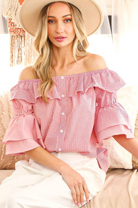 Button Front Striped Flutter Stylish Blouse Top