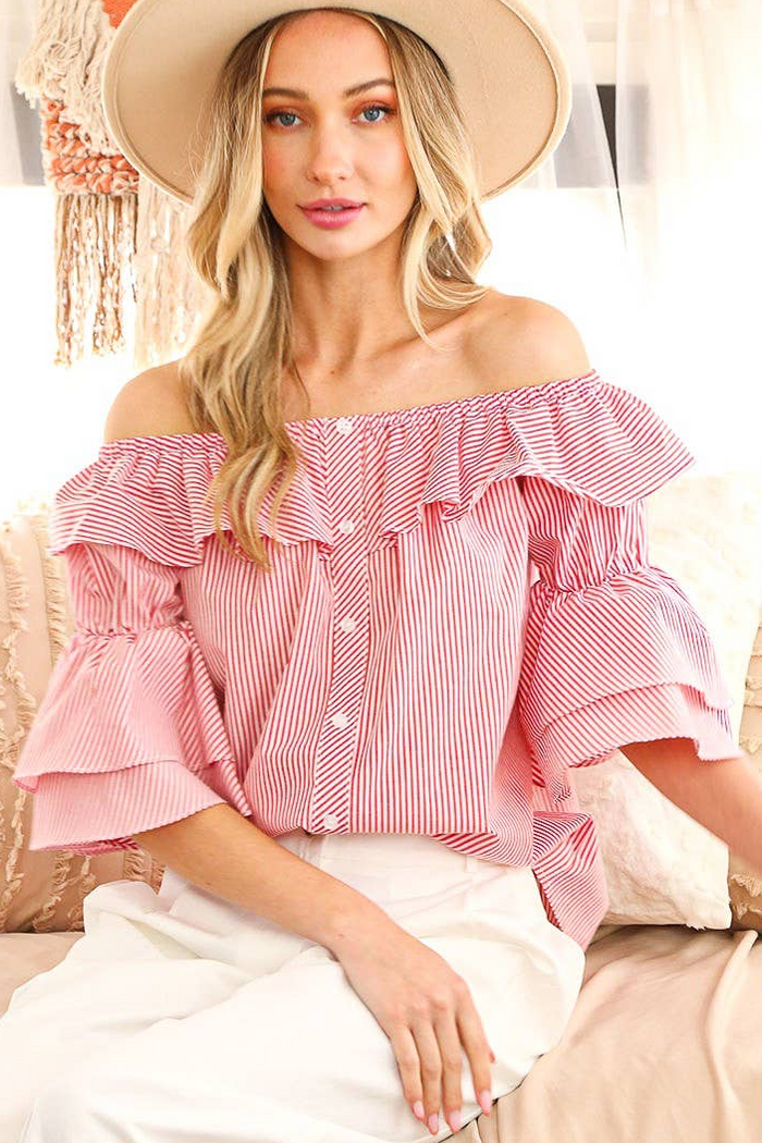 Button Front Striped Flutter Stylish Blouse Top