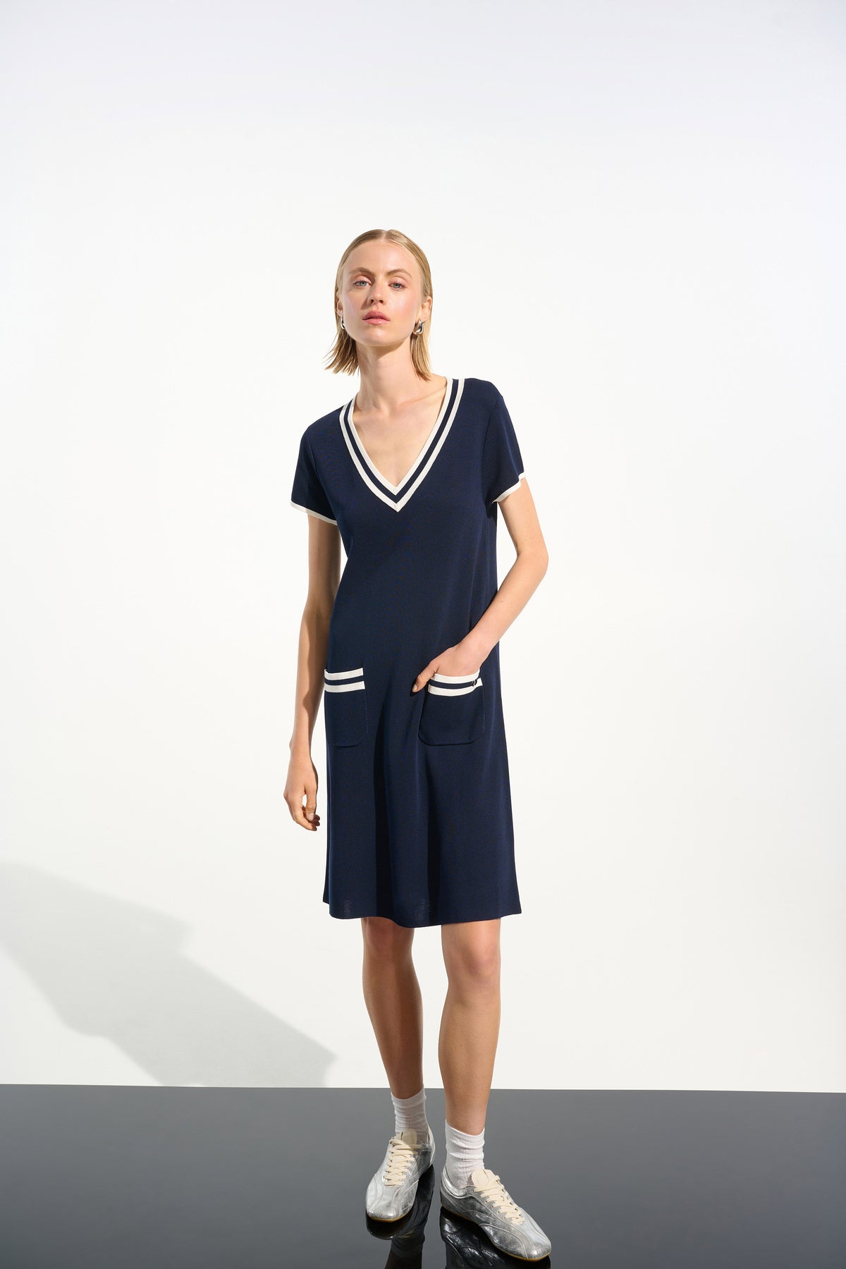 Joseph Ribkoff Viscose Knit A-Line Dress With Rib Trim