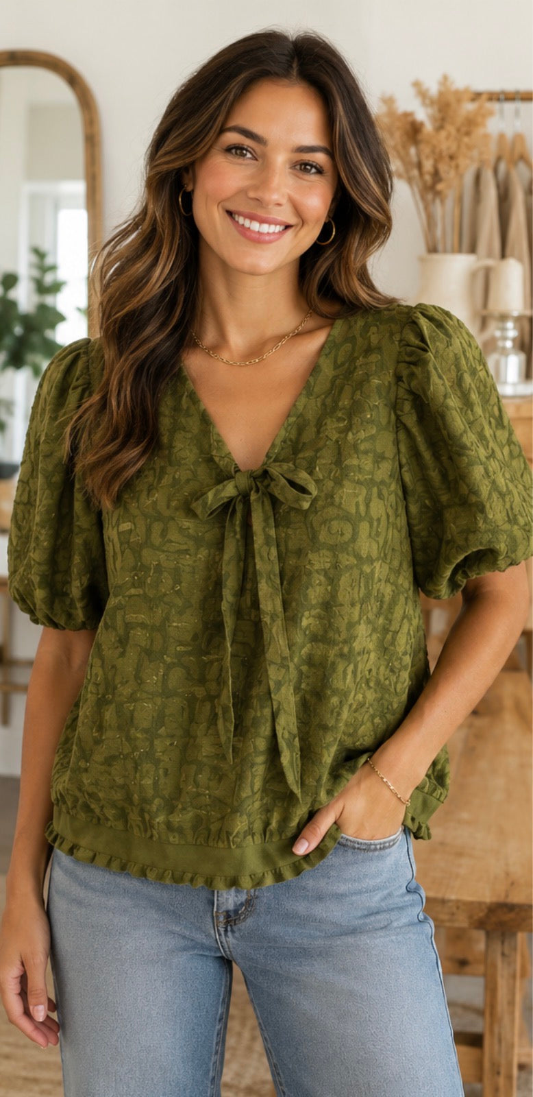 Olive Jacquard Tie Front Blouse