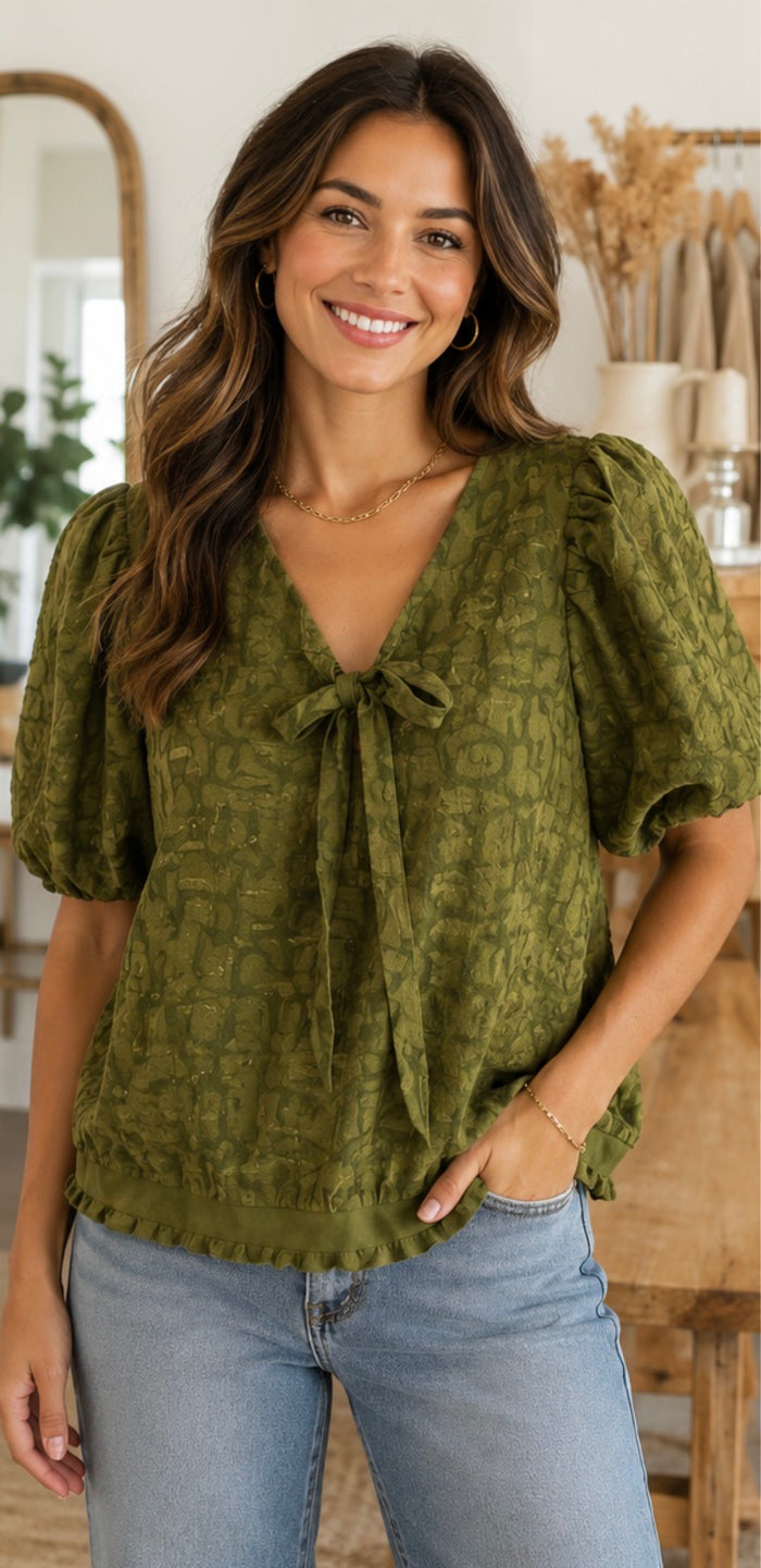 Olive Jacquard Tie Front Blouse