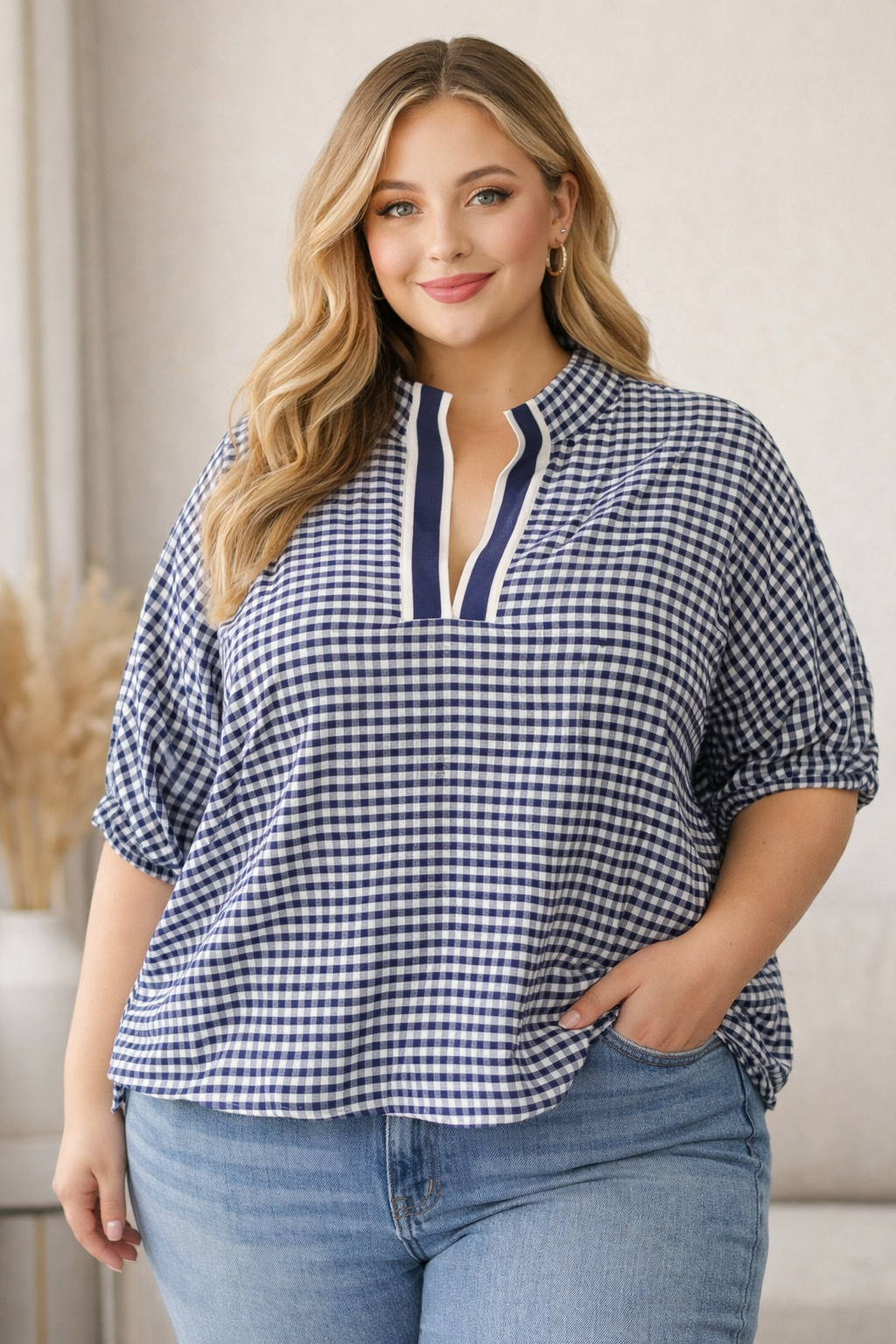 Gingham Navy Top